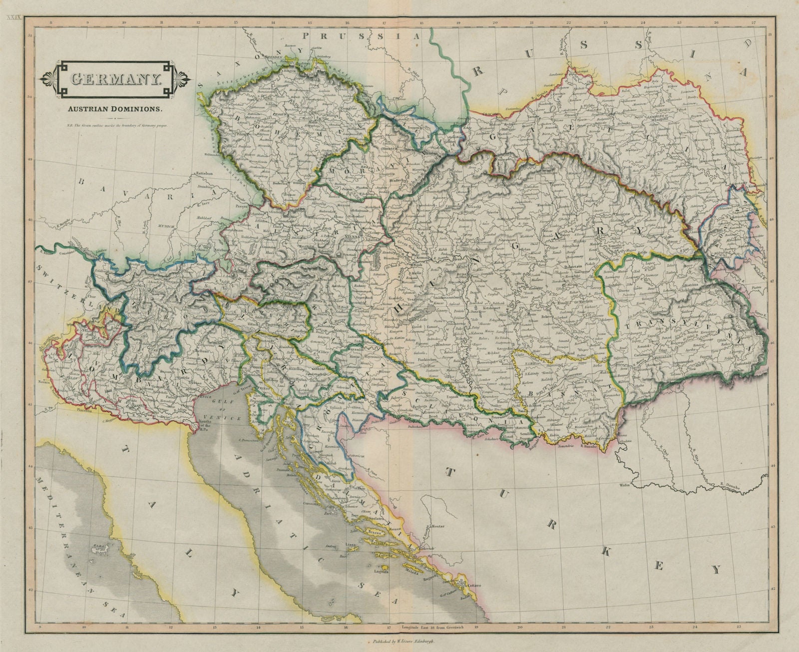 Germany, Austrian dominions. Lombardy Hungary Czechia Dalmatia. LIZARS 1842 map